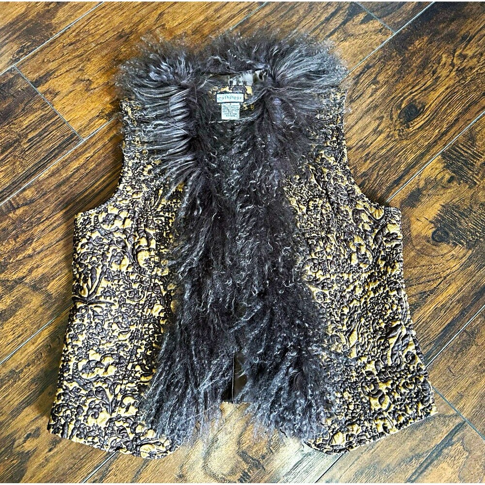 Mythology Womens Black Gold Floral Brocade Leather Mongolian Fur Vest Size 8